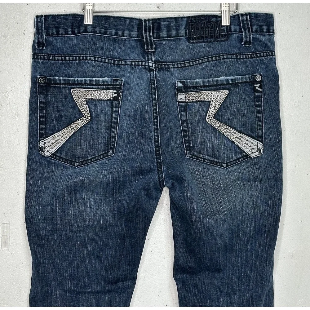 Rock‎ & Republic Men 36x32 Blue Distressed Flare Bootcut Jeans Grunge Button Fly